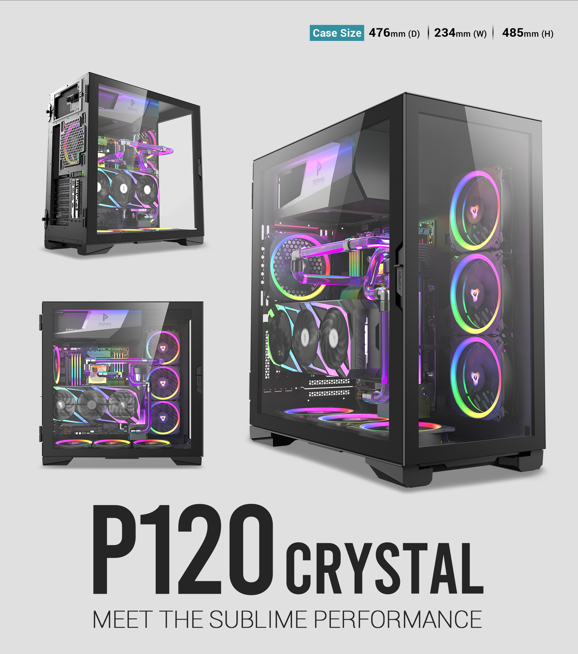 Antec Performance Series P120 Crystal E-ATX Mid-Tower Case air intakes presentation chart